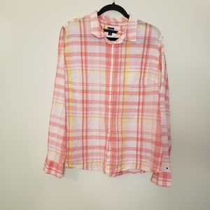 Tommy Hilfiger plaid button up blouse with collar size xxl pink and yellow